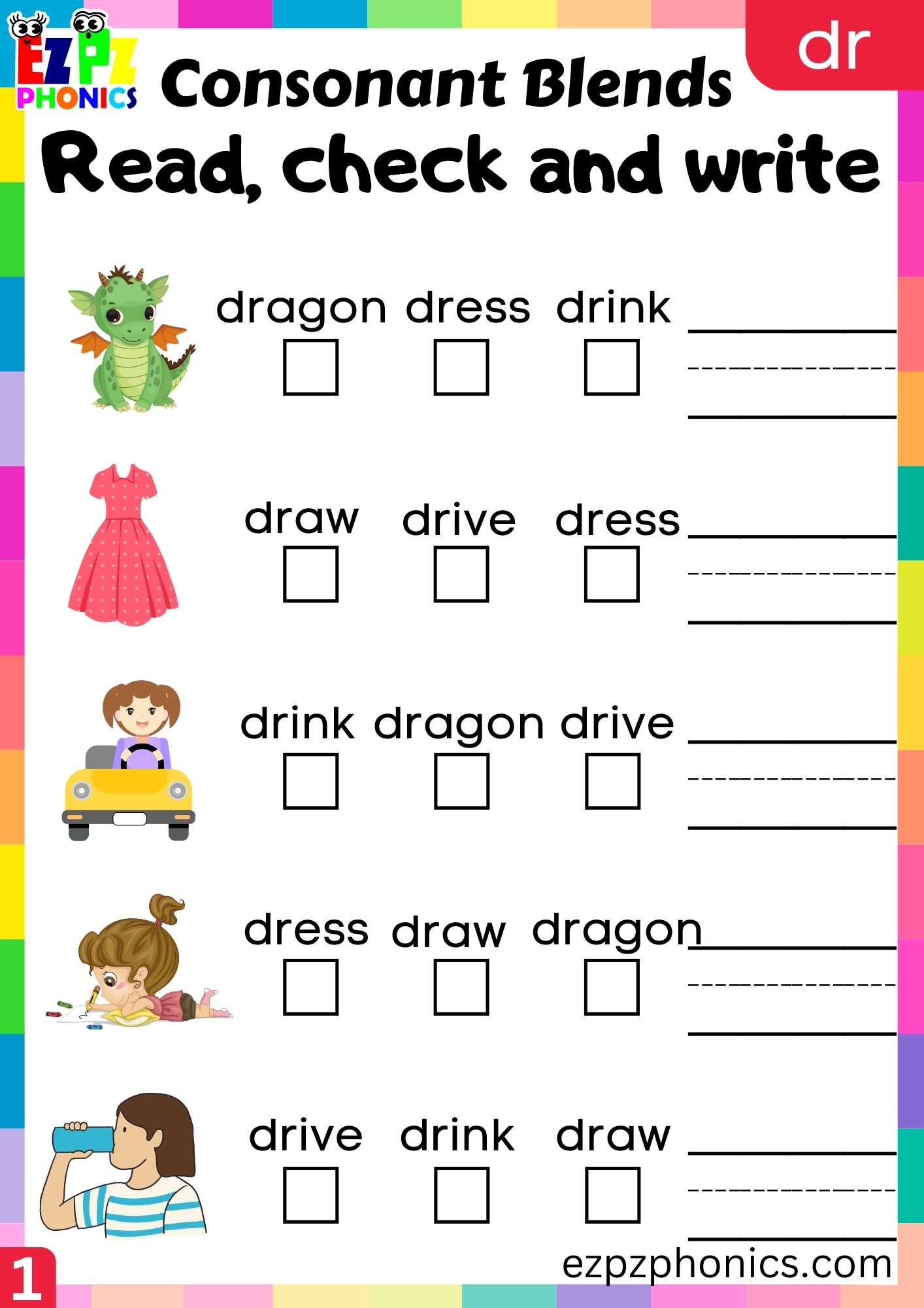 Group1 DR Words Read, Check And Write Phonics Consonant Blends Worksheet